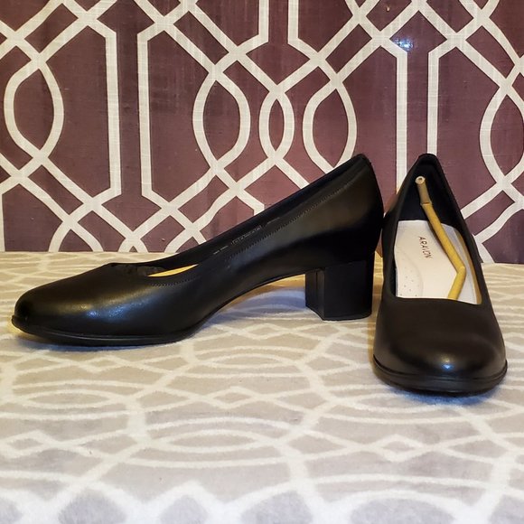 Aravon Womens Black Pumps 11 US Career Dress Leather Block Heel Slip On Shoes - Picture 2 of 14